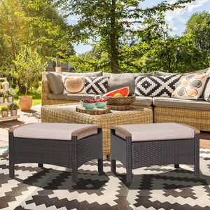 Outdoor Wicker Ottoman Set – 2 Piece Patio Rattan Footrest with Cushions