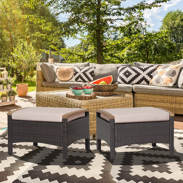 Outdoor Wicker Ottoman Set – 2 Piece Patio Rattan Footrest with Cushions