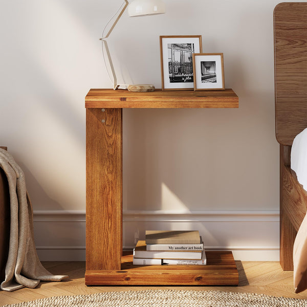 Solid Wood C-Shaped End Table with 2-Tier Storage