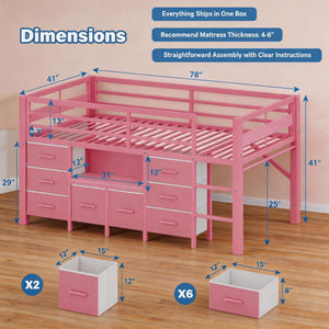 Twin Low Loft Bed with 8 Storage Drawers & Bookcase