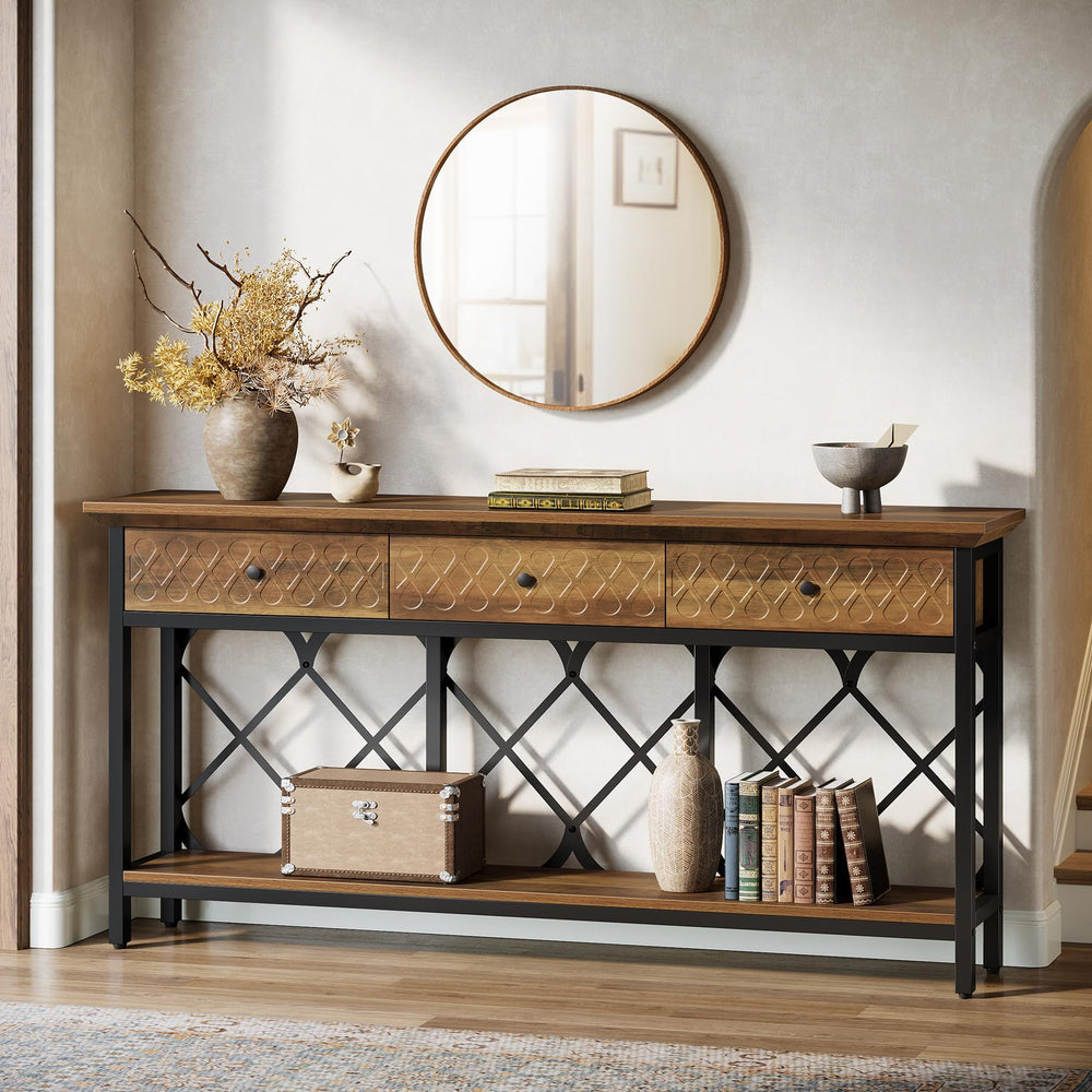 70.86" Industrial Console Table with 3 Drawers & Open Shelf