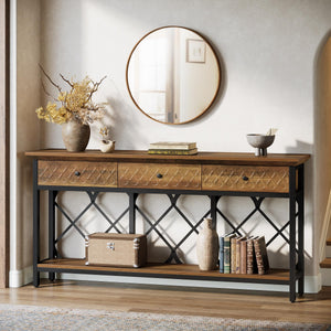 70.86" Industrial Console Table with 3 Drawers & Open Shelf
