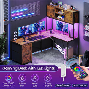 L-Shaped Desk with Drawers, Hutch & LED Lights