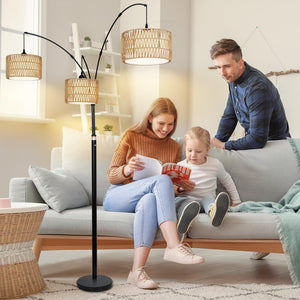 3-Light Dimmable Arc Floor Lamp with Rattan & Fabric Shades