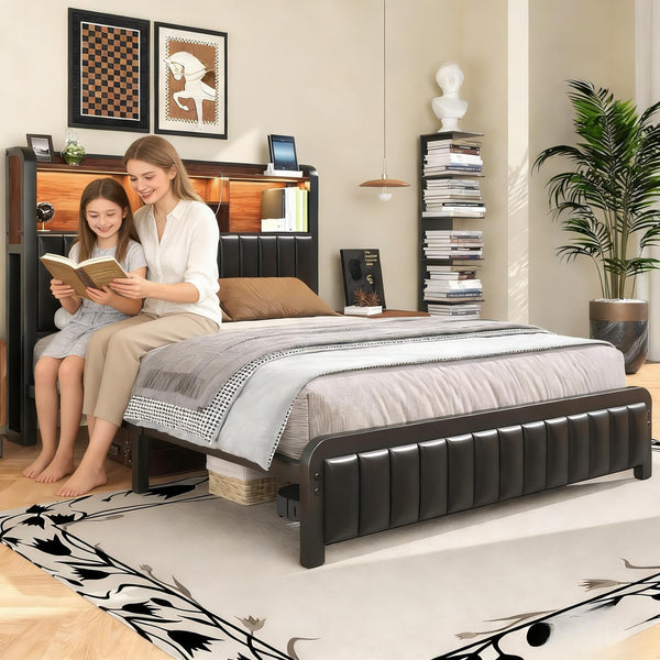 Queen & Full Platform Bed Frame with LED Lights, Storage Headboard & Charging Station