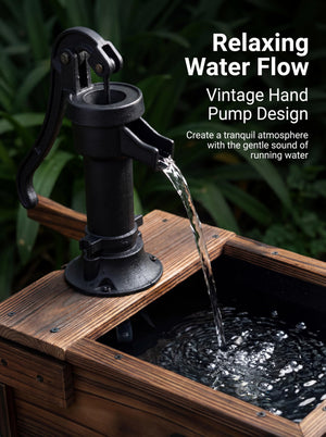 Solar-Powered Wood Outdoor Fountain with Hand Pump Cart Design
