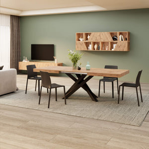 Extendable Dining Table, Rustic Oak with Black Crossed Legs, Seats 6–10