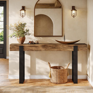 63-Inch Console Table with Solid Wood Top & Metal Legs