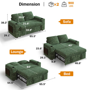 65" Convertible Loveseat Sleeper Sofa with Pull-Out Bed