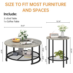 Round Coffee Table and End Table Set of 3 with Storage