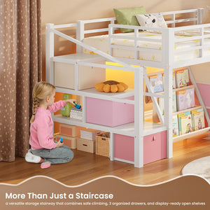 Twin Low Loft Bed with Storage Drawers, Bookcase & LED Lights