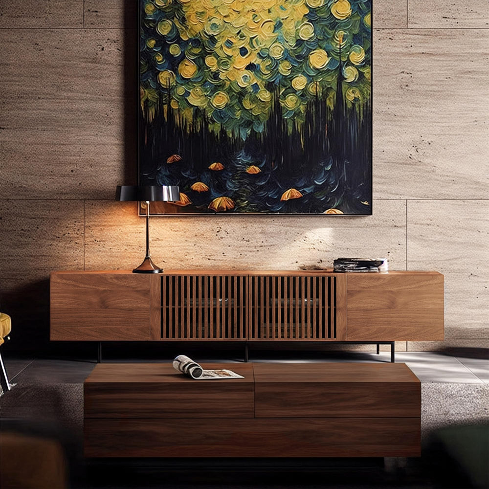 Mid-Century Modern TV Stand with 4 Doors & Cable Management