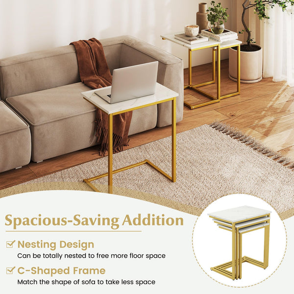Nesting Coffee Table Set of 3, C-Shaped End Tables with Faux Marble Top