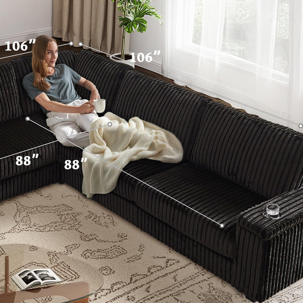 L-Shaped Corduroy Sectional Sofa with USB Charging & Storage