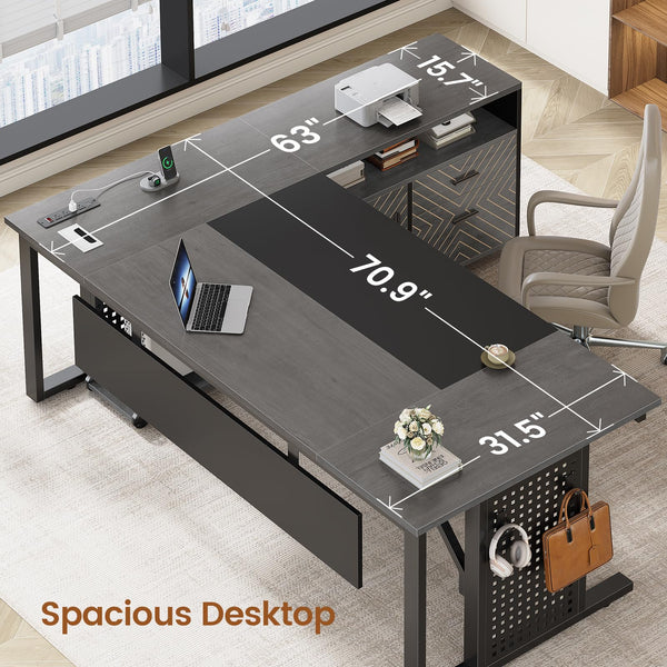 L-Shaped Executive Desk with Rolling File Cabinet & Power Outlets
