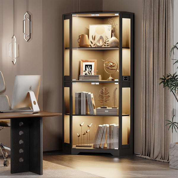 Corner Display Cabinet with LED Lights, 4-Tier Glass Curio Cabinet with Human Sensor, 65"H