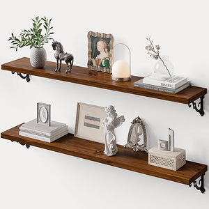 Solid Wood Floating Wall Shelves with Metal Brackets – Set of 2