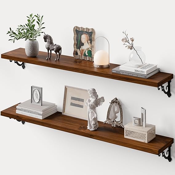 Solid Wood Floating Wall Shelves with Metal Brackets – Set of 2