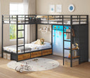 L-Shaped Triple Bunk Bed Twin over Twin with Storage & LED Lights