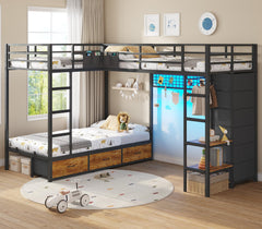 L-Shaped Triple Bunk Bed Twin over Twin with Storage & LED Lights