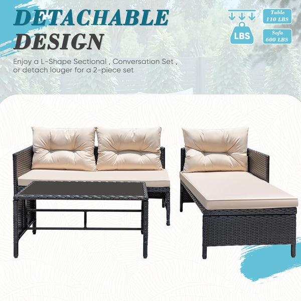 3-Piece Outdoor Wicker Rattan Sectional Sofa Set with Coffee Table