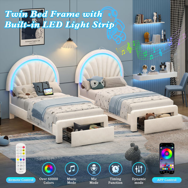 Twin Upholstered LED Bed Frame with Shell Headboard, Storage Drawer & Charging Station