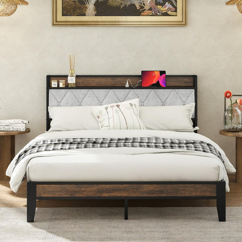 Queen Bed Frame with Storage Headboard & USB Charging