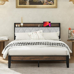 Queen Bed Frame with Storage Headboard & USB Charging