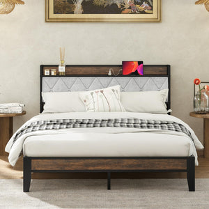 Queen Bed Frame with Storage Headboard & USB Charging