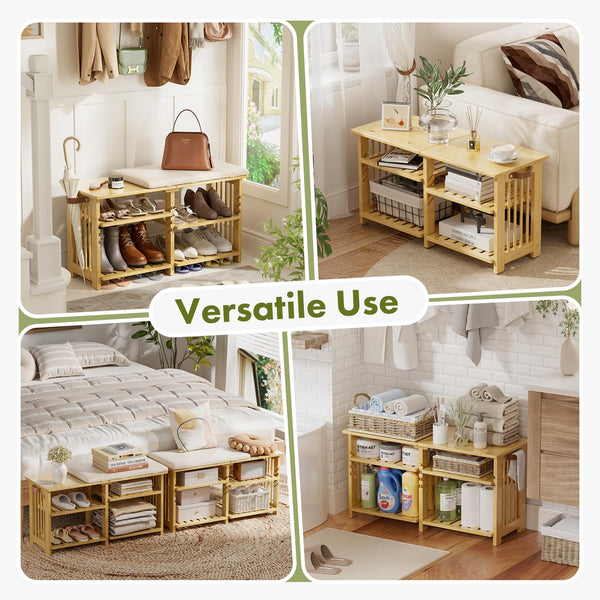 Bamboo Shoe Bench with Cushion & Storage Strap