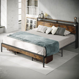 King Size Platform Bed Frame with 2-Tier Storage Headboard
