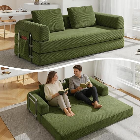 Convertible Sofa Bed with Side Pocket & Corduroy Fabric