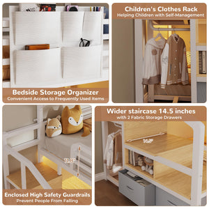 Twin Over Twin Bunk Bed with Storage Staircase & LED Lights