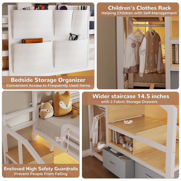 Twin Over Twin Bunk Bed with Storage Staircase & LED Lights