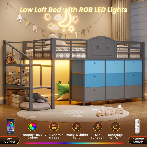 Kids Low Loft Bed with Storage Drawers and LED Lights