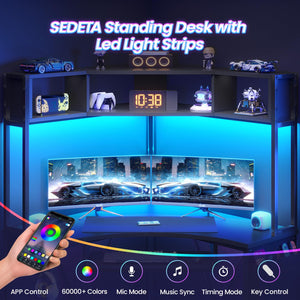 Corner Desk with LED Lights, Keyboard Tray & Storage