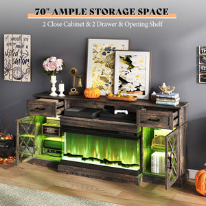 Farmhouse Fireplace TV Stand with 3-Sided LED Glass – 70" Entertainment Center