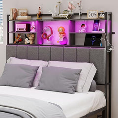 Upholstered Headboard with Storage Shelves, USB Charging & LED Light