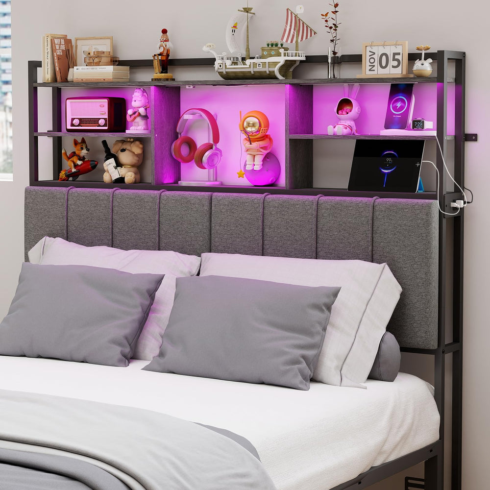Upholstered Headboard with Storage Shelves, USB Charging & LED Light
