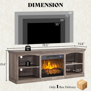 70" Fireplace TV Stand with Open Shelves – Rustic Grey
