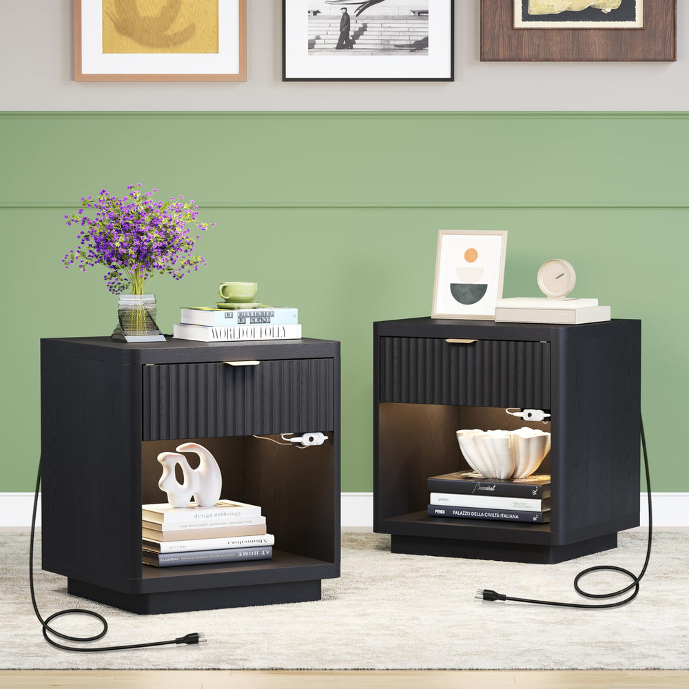 Nightstand Set of 2 with Charger Station and LED Sensor Light — Large Modern Fluted Night Stand