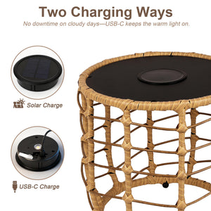 Boho Solar Outdoor Side Tables Set of 2 – All-Weather Wicker Nesting Tables