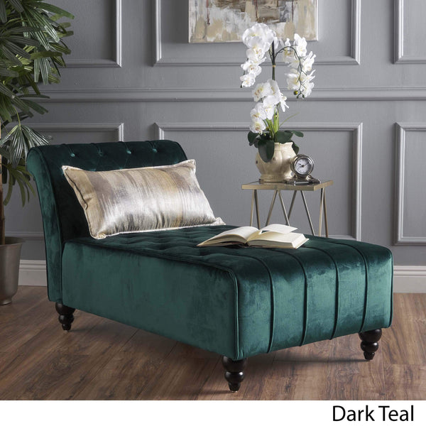 Tufted Velvet Chaise Lounge with Scrolled Backrest – Dark Teal