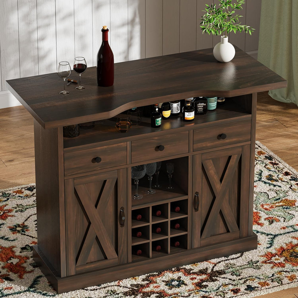 52-Inch Farmhouse Bar Cabinet with Wine Rack & Storage