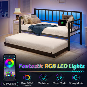 Twin Daybed with Trundle, Charging Station & LED Lights