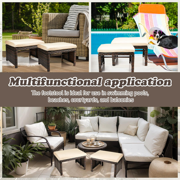 2-Pc Outdoor Rattan Ottoman Set with Removable Cushions