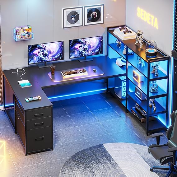 Corner Computer Desk with Power Outlet, LED Lights & Storage Shelves