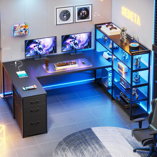 L-Shaped Gaming Desk with Power Outlet, LED Lights & Storage Shelves