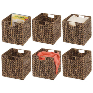 Woven Hyacinth Cube Storage Baskets with Handles – Set of 6, Brown Wash