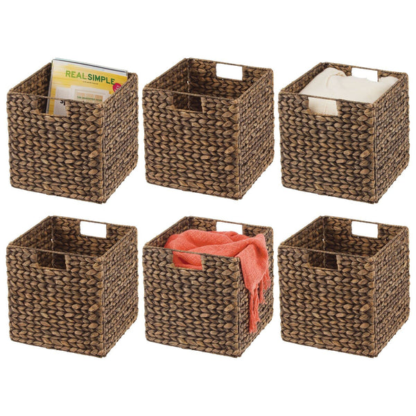 Woven Hyacinth Cube Storage Baskets with Handles – Set of 6, Brown Wash